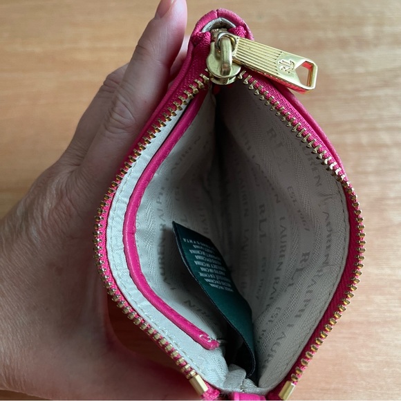 Lauren Ralph Lauren pink leather coin purse wristlet money wallet clutch gold - Picture 5 of 10